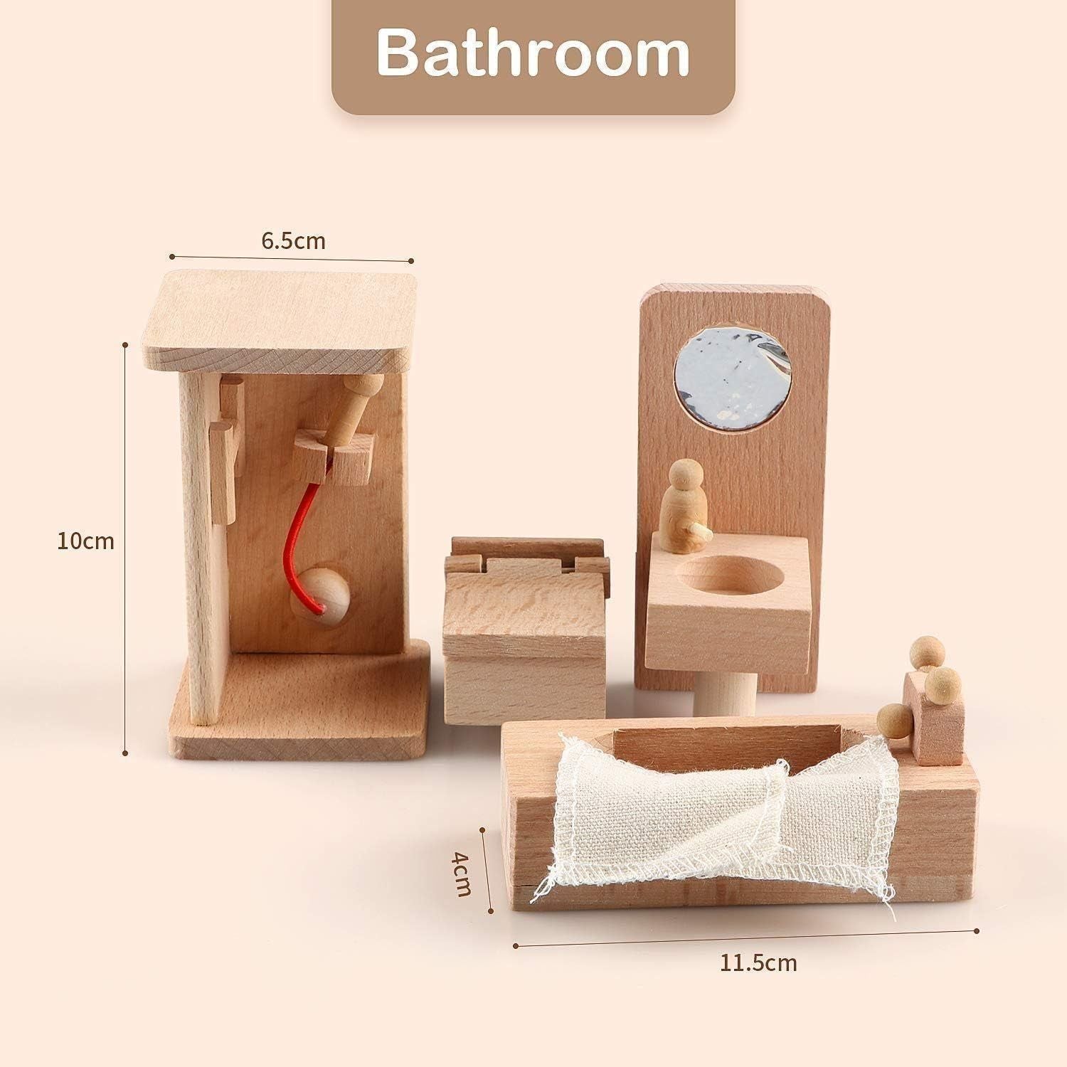 5 Set Dollhouse Furniture Accessories Wooden Bathroom/Living Room/Dining Room/Bedroom/Kitchen House 6 Family Doll Decoration Pretend Play Kids Christmas Birthday Gifts for Girls Toys 40 Pcs