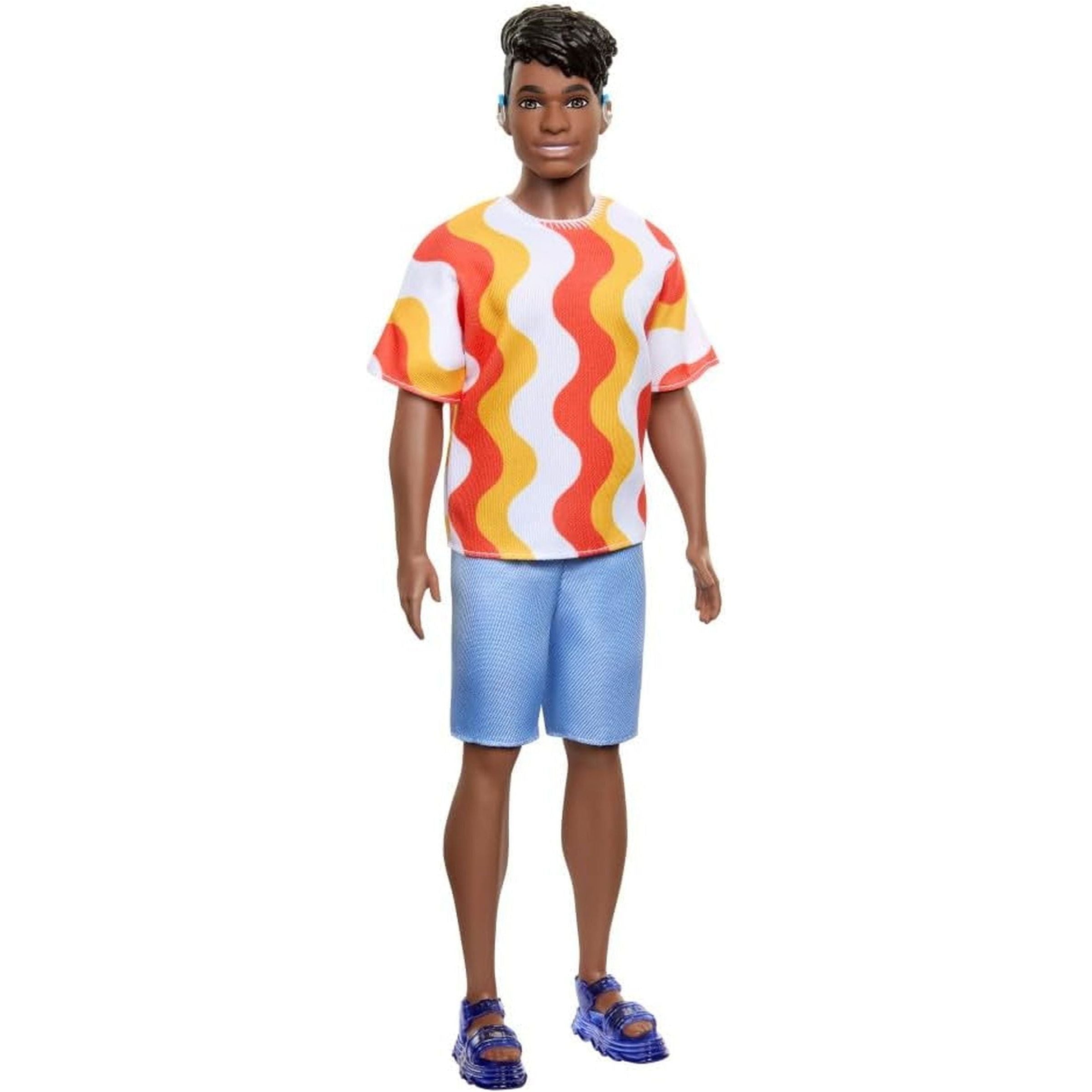 Fashionistas Ken Doll #220 with Behind-The-Ear Hearing Aids & Broad Body Wearing a Removable Orange Patterned Shirt, Shorts & Jelly Sandals