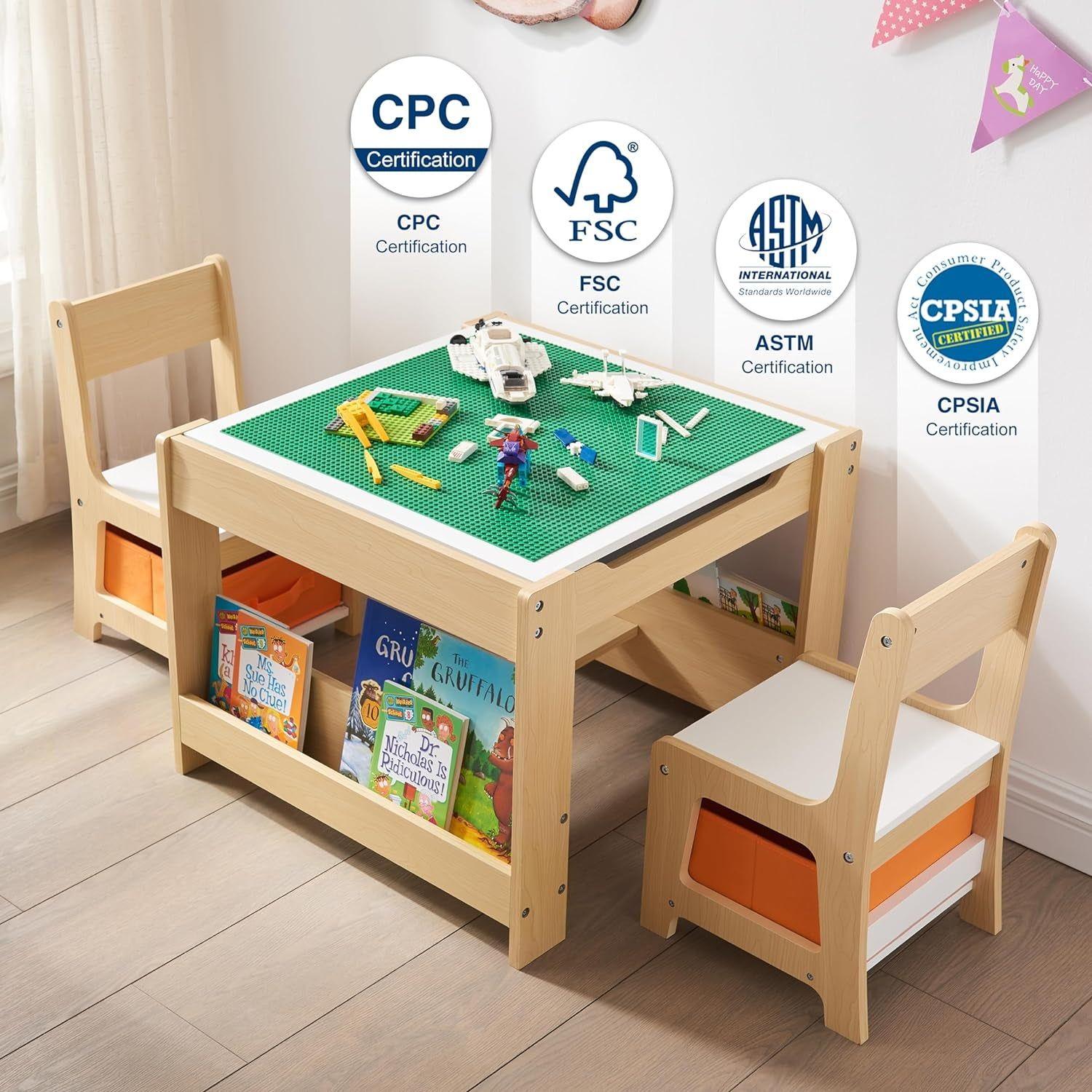 3 in 1 Wooden Activity Table with Bookshelves and Storage Drawer