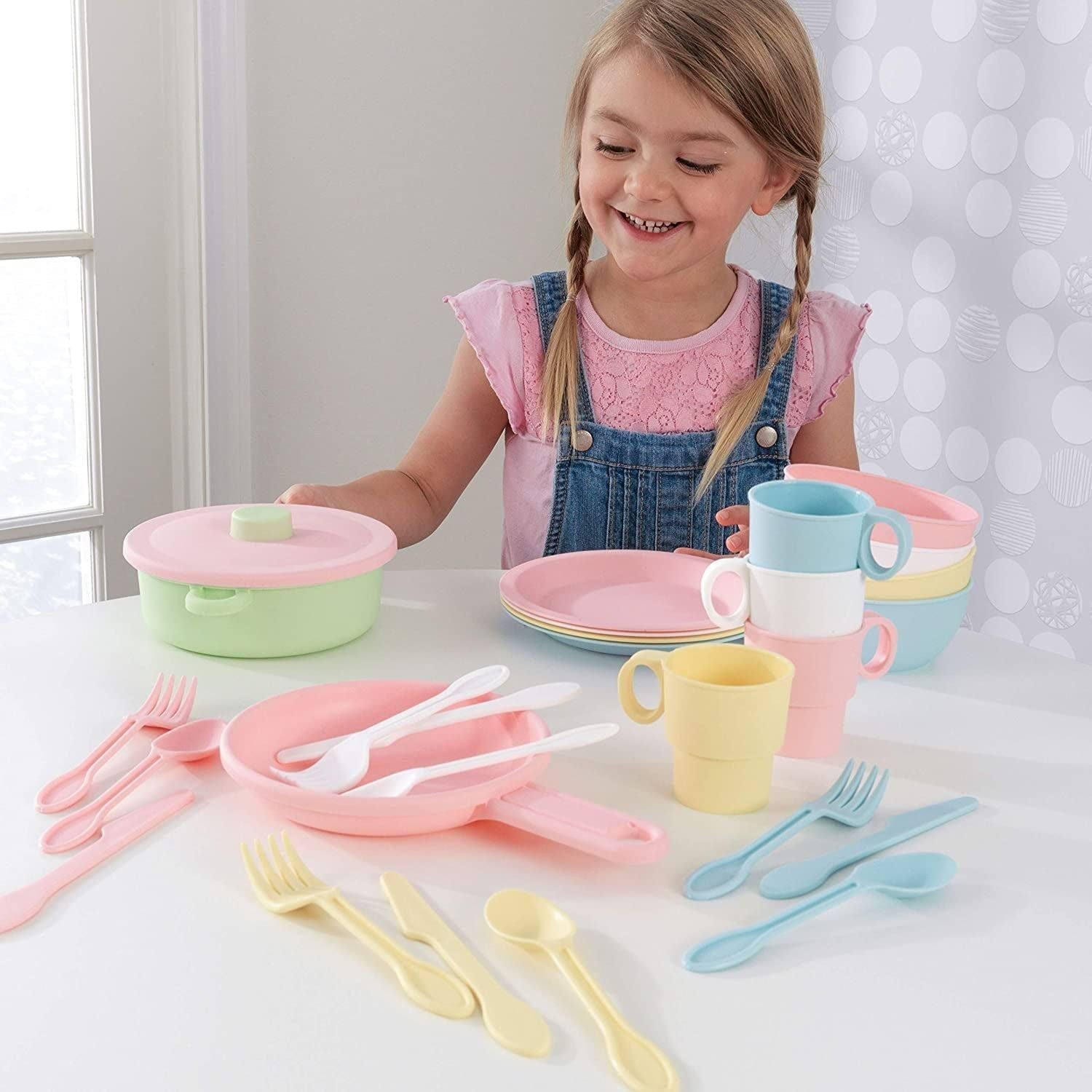 27-Piece Pastel Cookware Set, Plastic Dishes and Utensils for Play Kitchens, Gift for Ages 18 Mo+