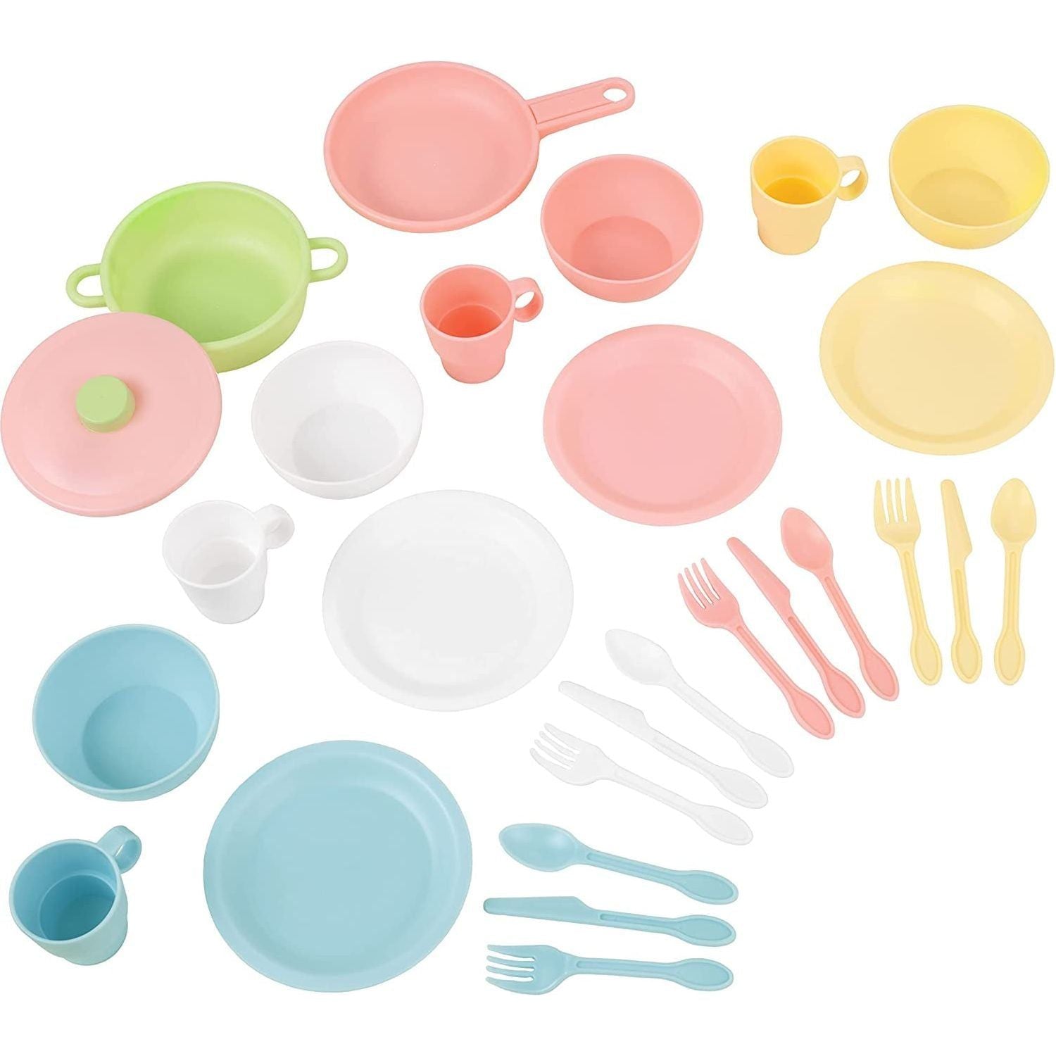 27-Piece Pastel Cookware Set, Plastic Dishes and Utensils for Play Kitchens, Gift for Ages 18 Mo+