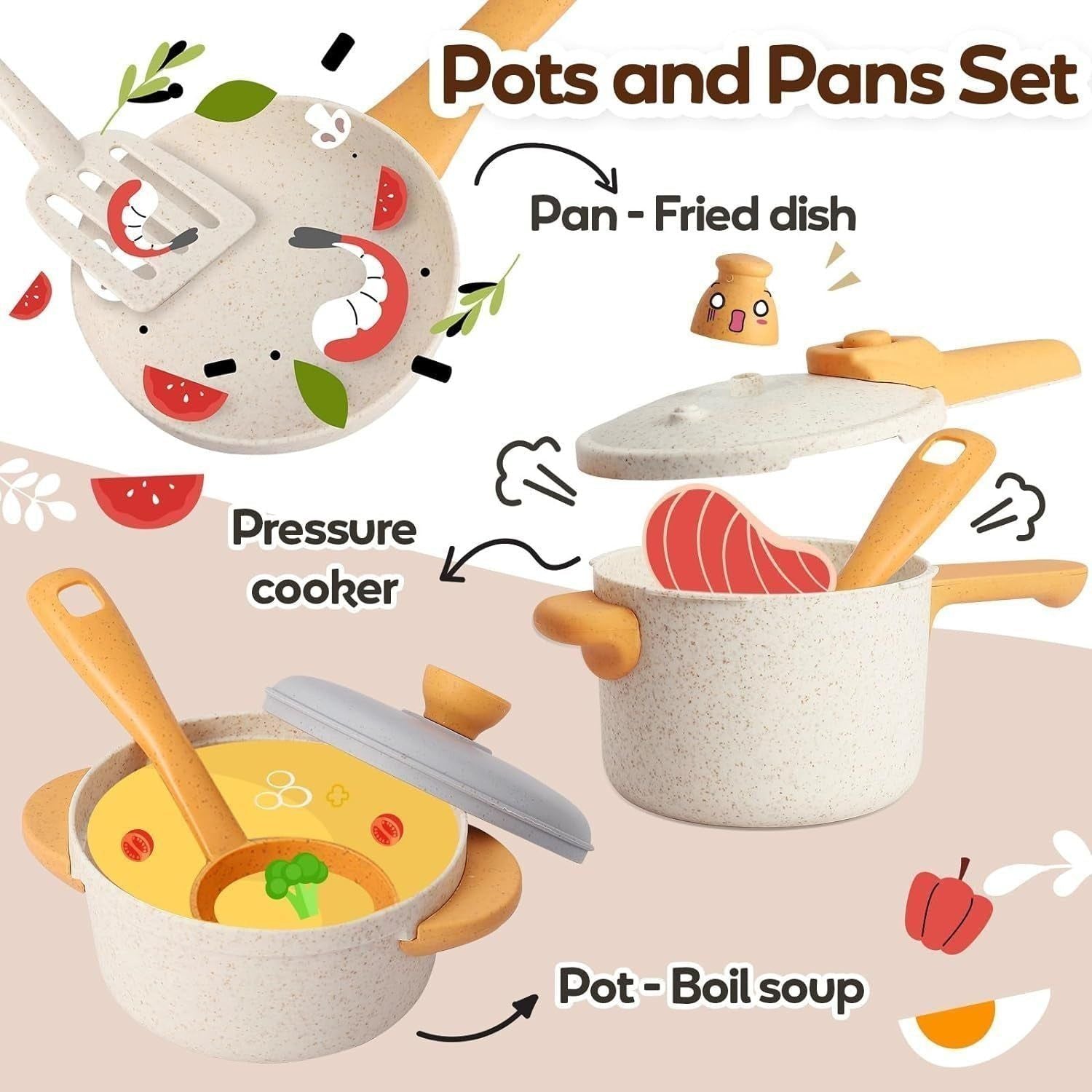 Play Kitchen Accessories Set, Kids Pots and Pans Playset, Cooking Toys Cookware Utensils for Kids Gifts for 3 4 5 6 Years Old Boys Girls Toddlers