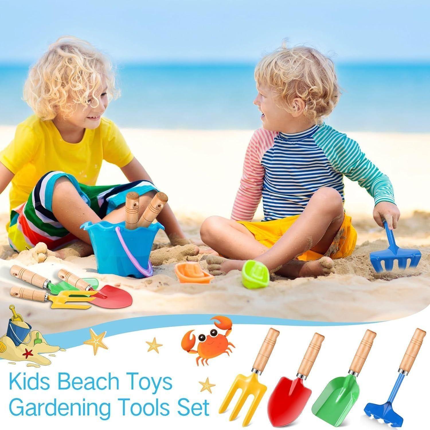 24 Pcs Kids Gardening Tools Metal Garden Tools Including Shovel, Rake, Fork and Trowel, Garden Beach Sand Tools with Wooden Handle Hoe for Children Gift Outdoor Beach Gardening