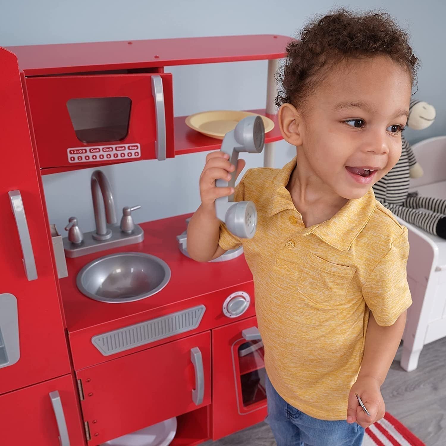 Red Vintage Wooden Play Kitchen with Stainless Steel-Look Trim, Play Phone