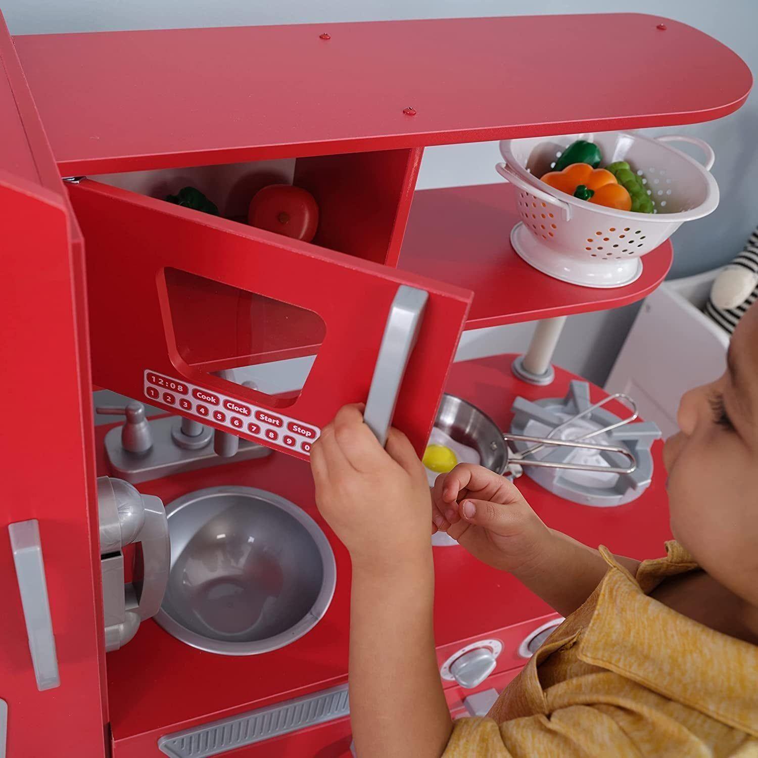 Red Vintage Wooden Play Kitchen with Stainless Steel-Look Trim, Play Phone