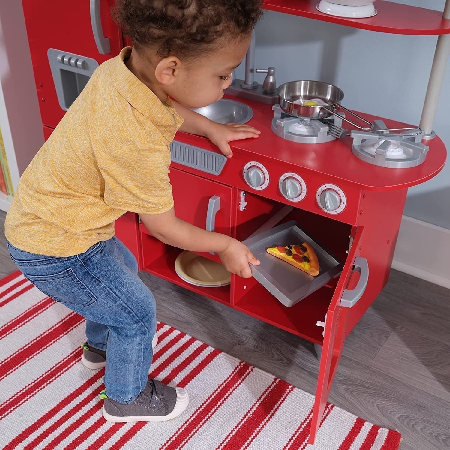 Red Vintage Wooden Play Kitchen with Stainless Steel-Look Trim, Play Phone