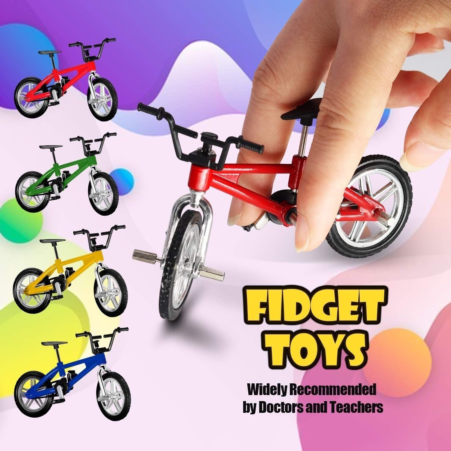 Mini Finger Bike - Miniature Fidget Bicycle Toy Game Set for Kids and Adults - Metal Bike Model Collections Decoration - 4 Colors (4 Pack)