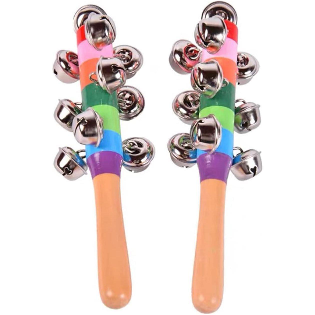 2 Pack Vivid Color Rainbow Handle Wooden Bells Jingle Stick Shaker Rattle 10 Jingle Bells Baby Kids Children Musical Toys