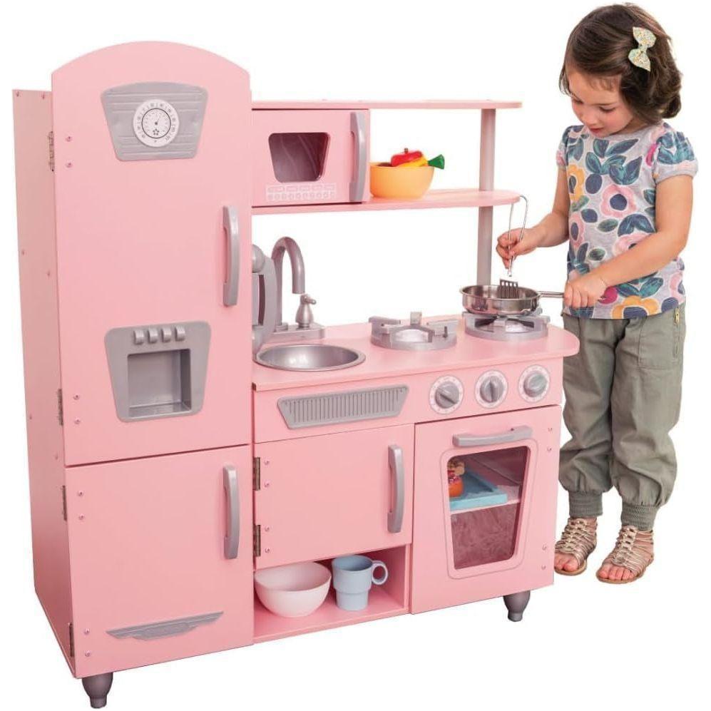 Red Vintage Wooden Play Kitchen with Stainless Steel-Look Trim, Play Phone