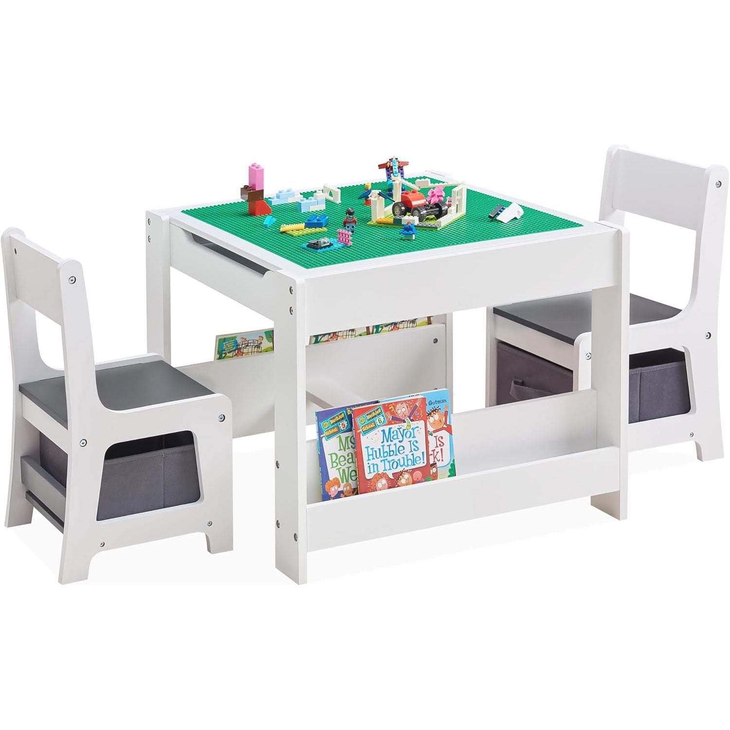 3 in 1 Wooden Activity Table with Bookshelves and Storage Drawer