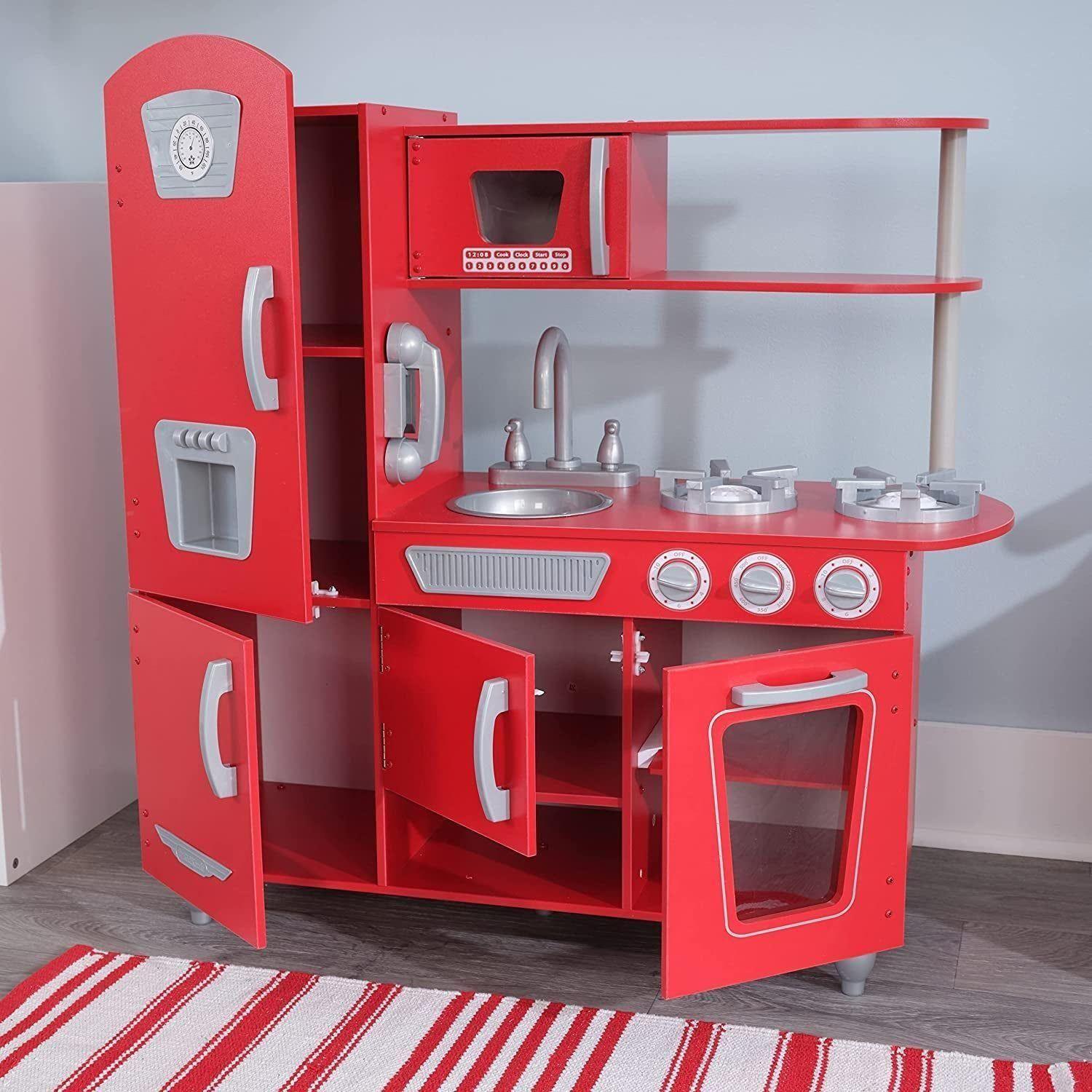 Red Vintage Wooden Play Kitchen with Stainless Steel-Look Trim, Play Phone