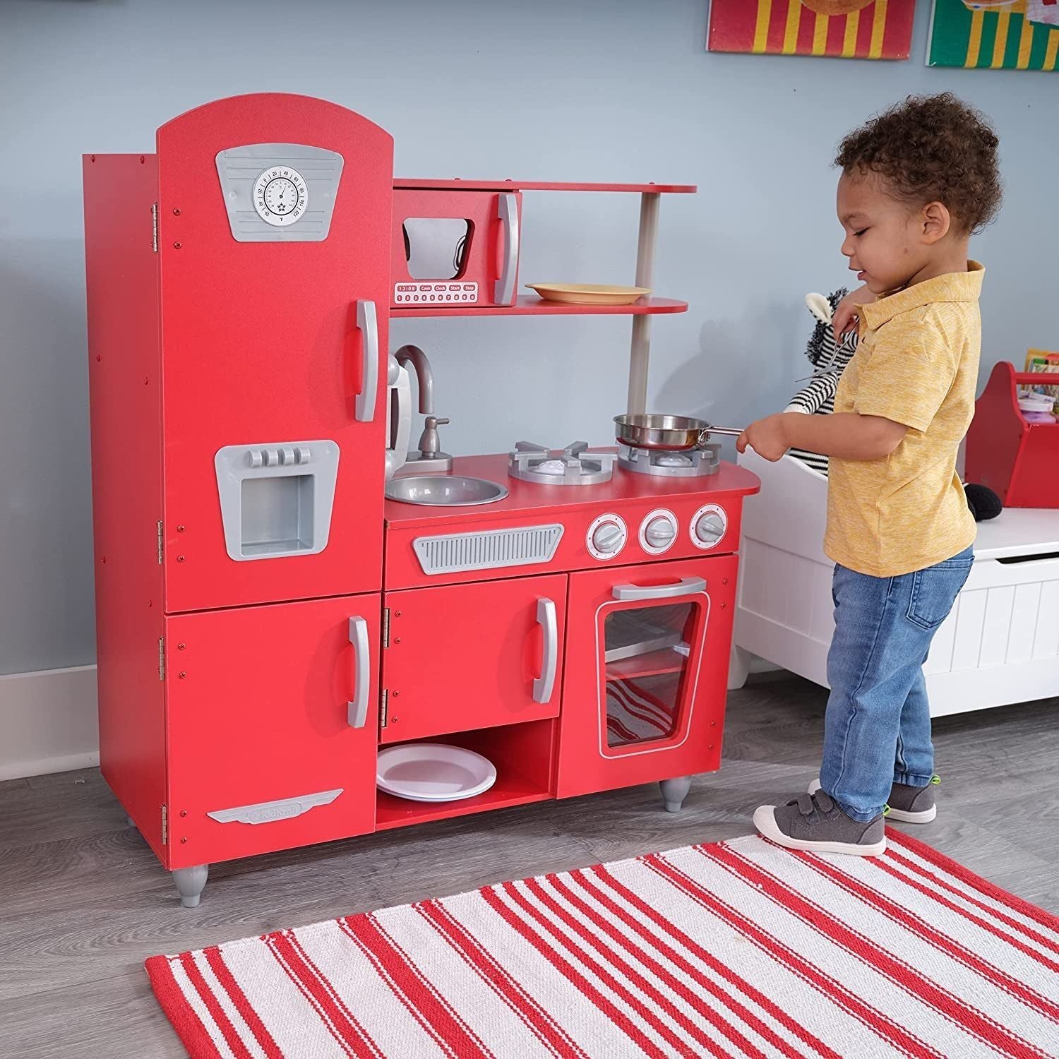 Red Vintage Wooden Play Kitchen with Stainless Steel-Look Trim, Play Phone