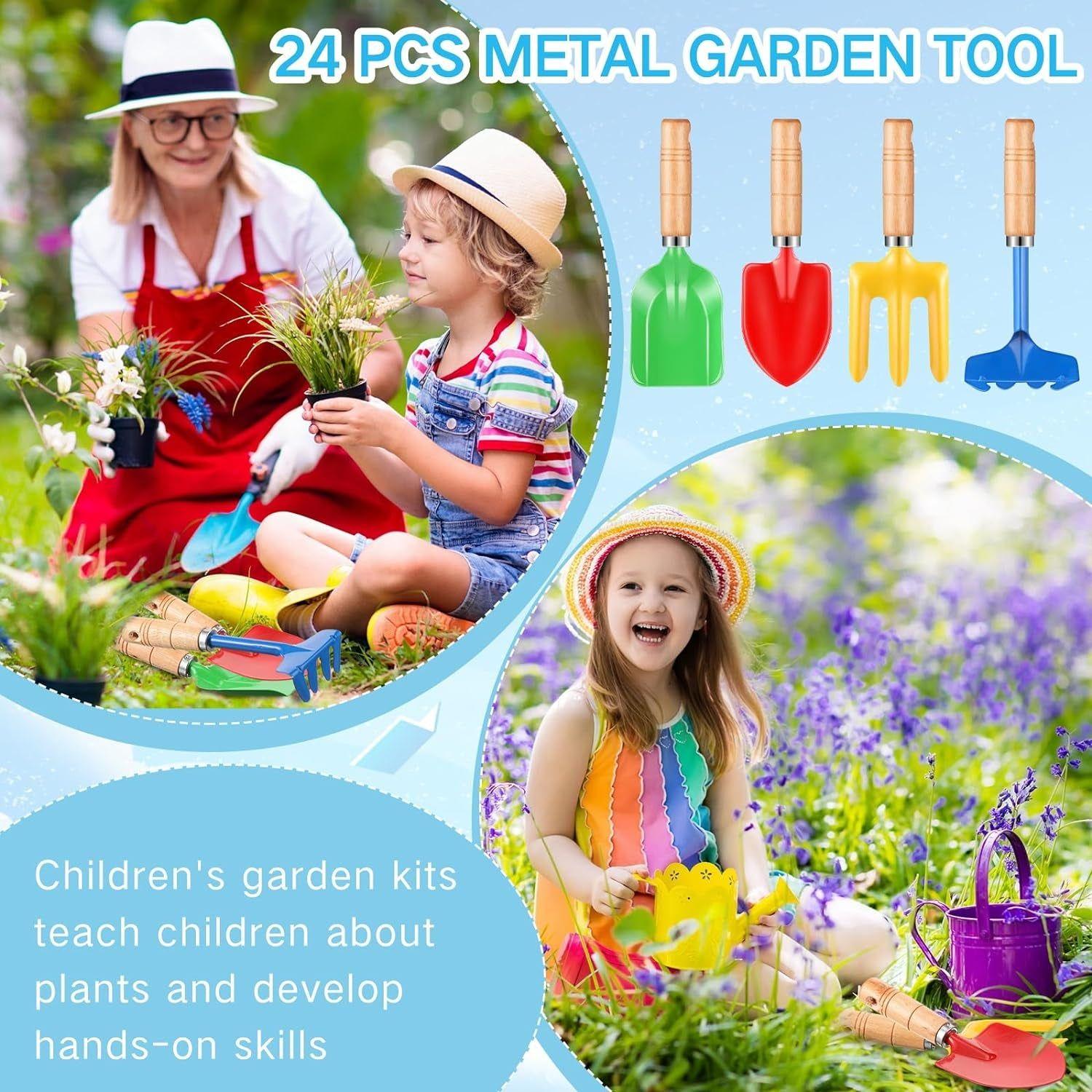 24 Pcs Kids Gardening Tools Metal Garden Tools Including Shovel, Rake, Fork and Trowel, Garden Beach Sand Tools with Wooden Handle Hoe for Children Gift Outdoor Beach Gardening