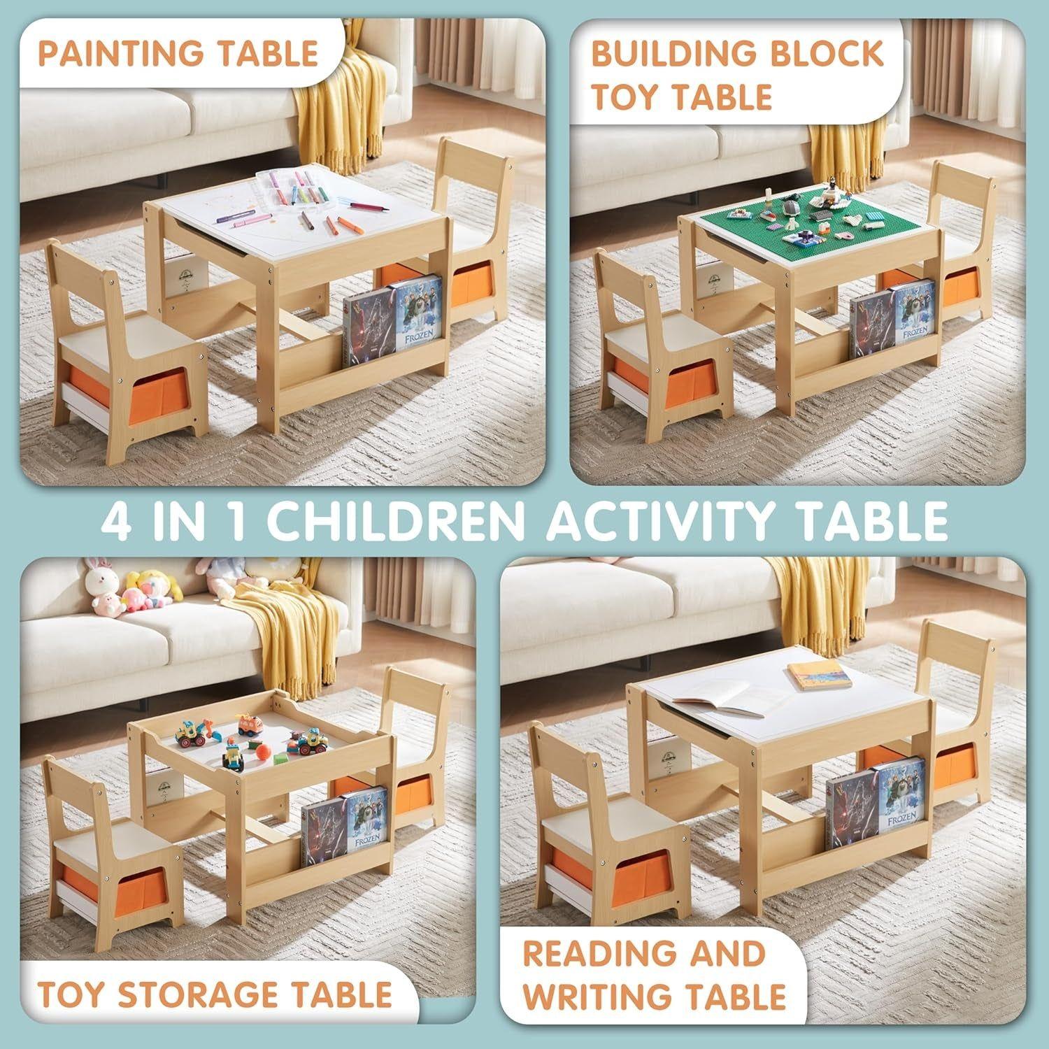 3 in 1 Wooden Activity Table with Bookshelves and Storage Drawer