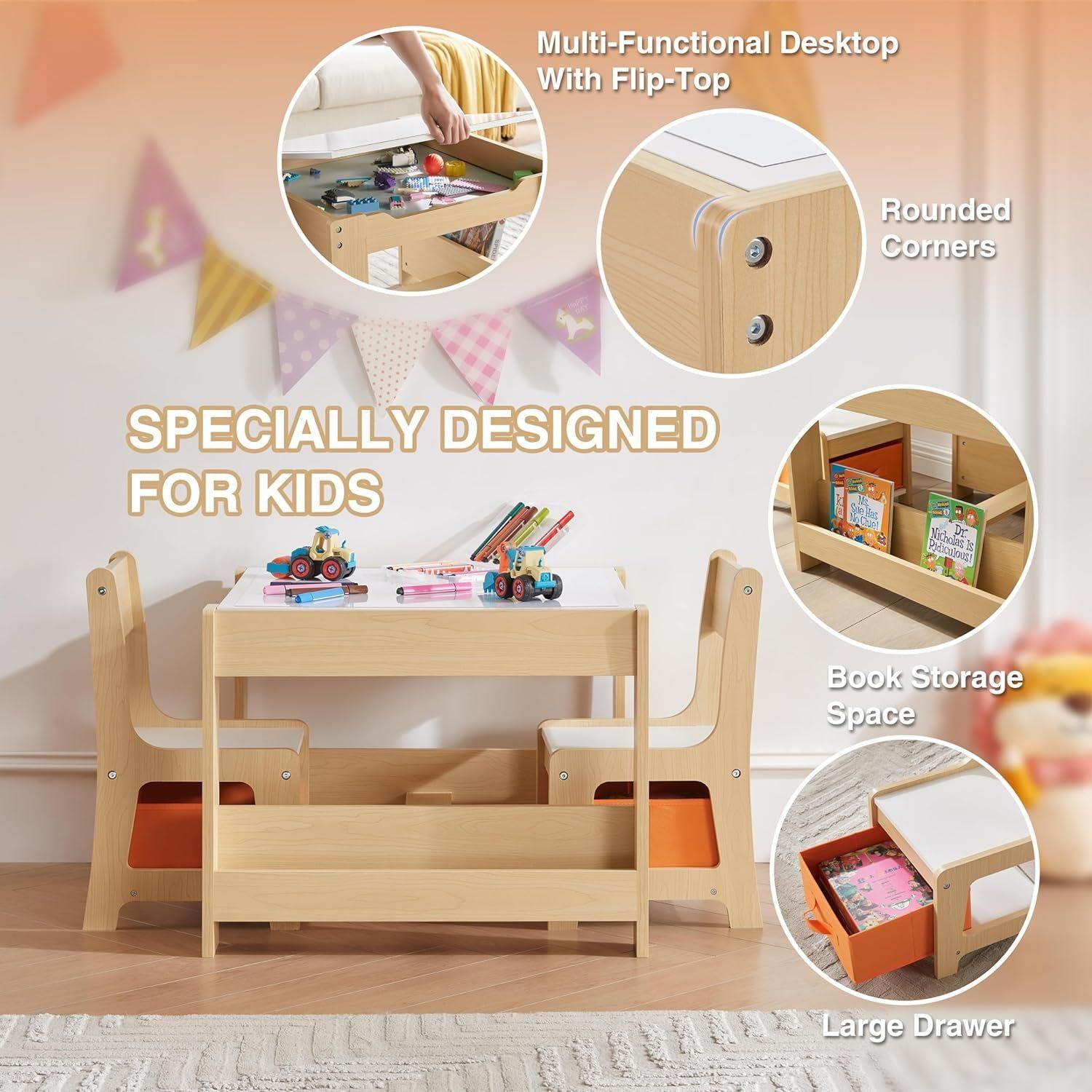 3 in 1 Wooden Activity Table with Bookshelves and Storage Drawer