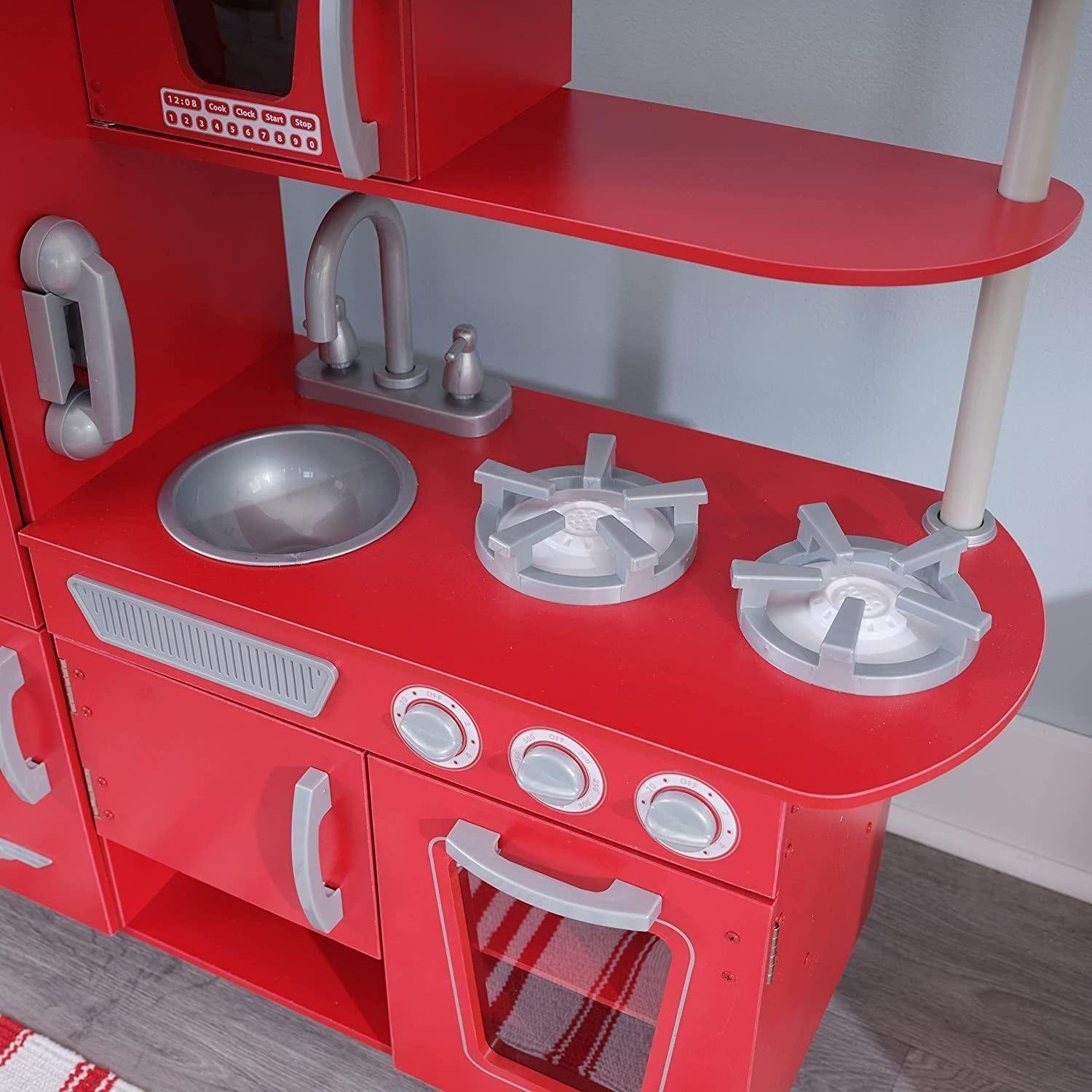 Red Vintage Wooden Play Kitchen with Stainless Steel-Look Trim, Play Phone