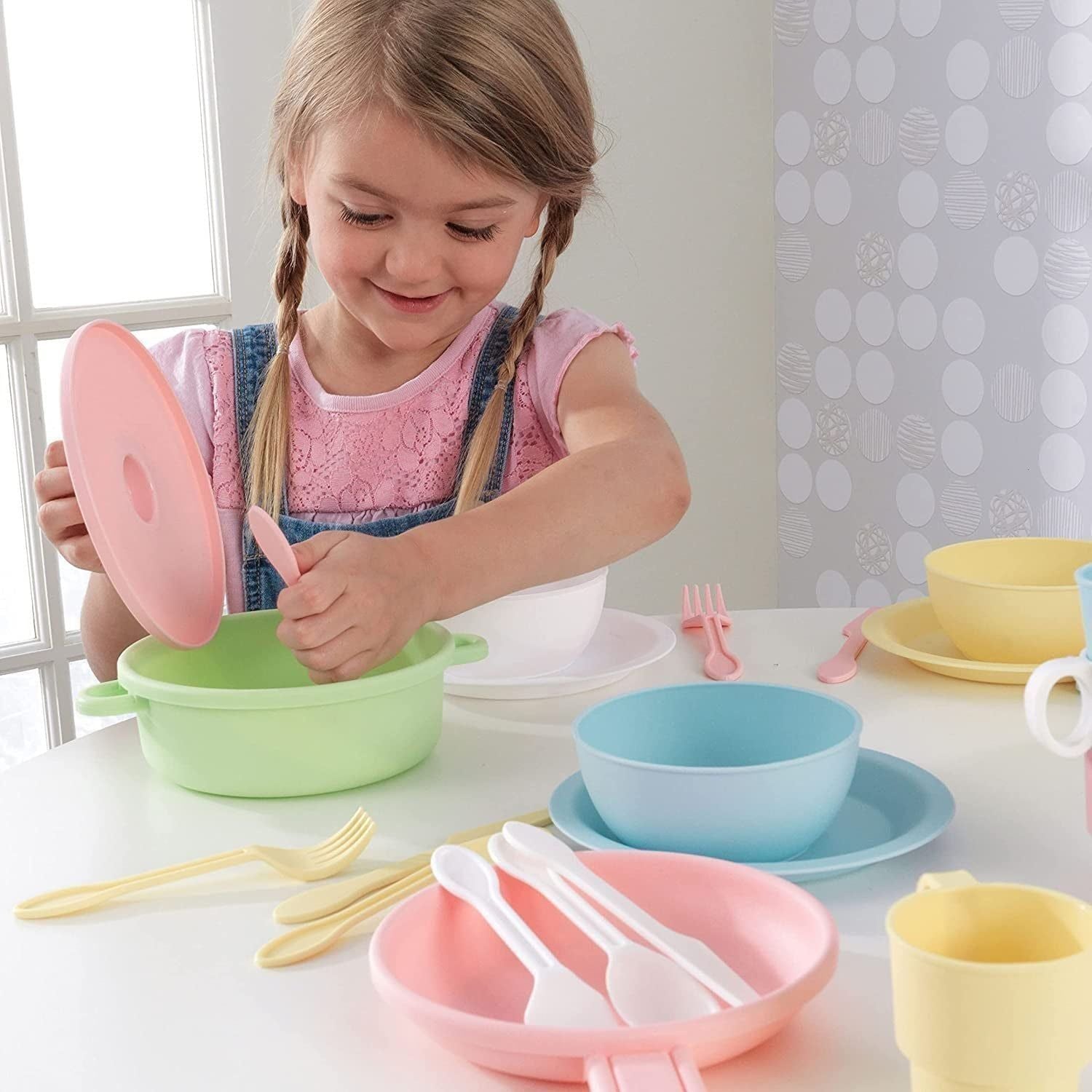 27-Piece Pastel Cookware Set, Plastic Dishes and Utensils for Play Kitchens, Gift for Ages 18 Mo+