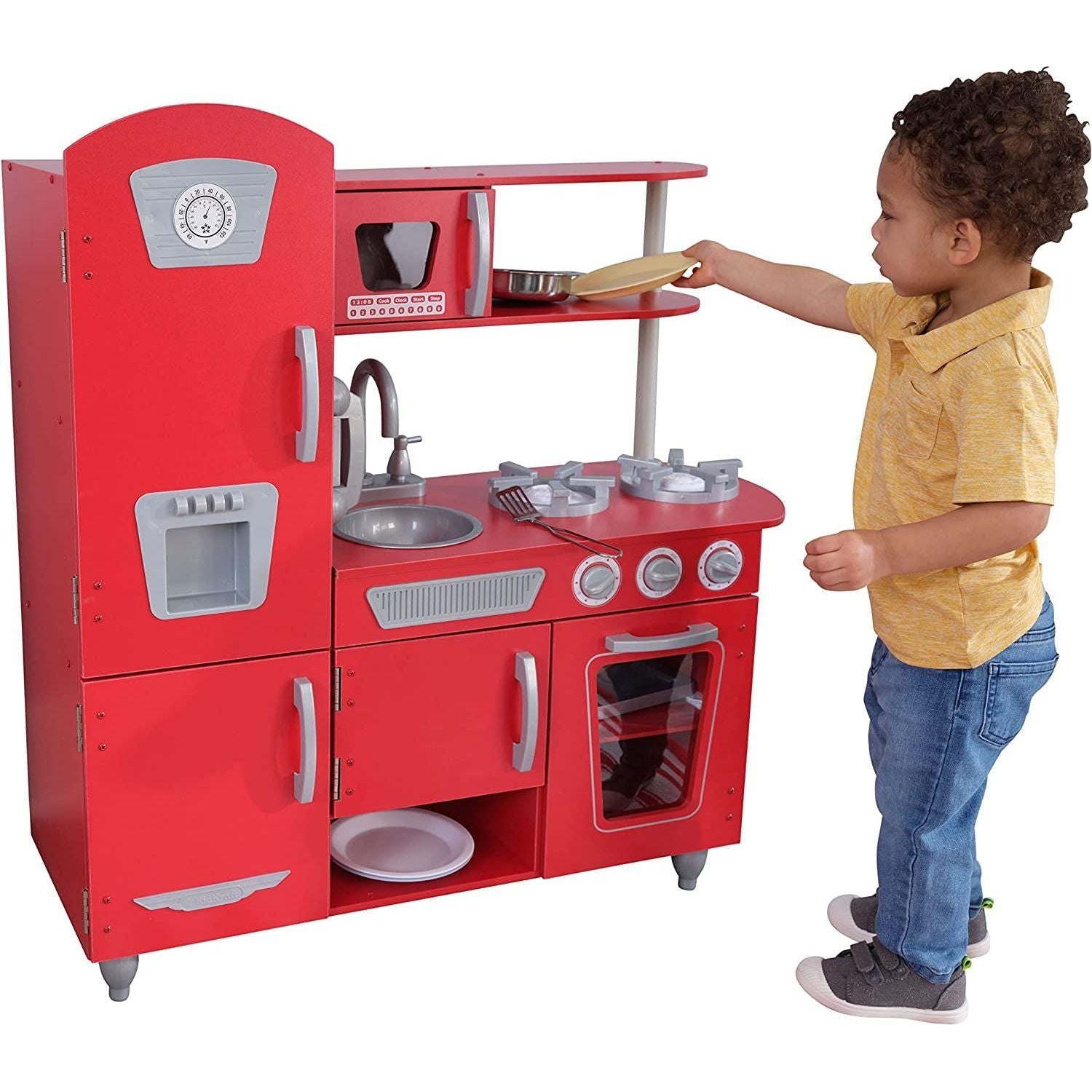 Red Vintage Wooden Play Kitchen with Stainless Steel-Look Trim, Play Phone