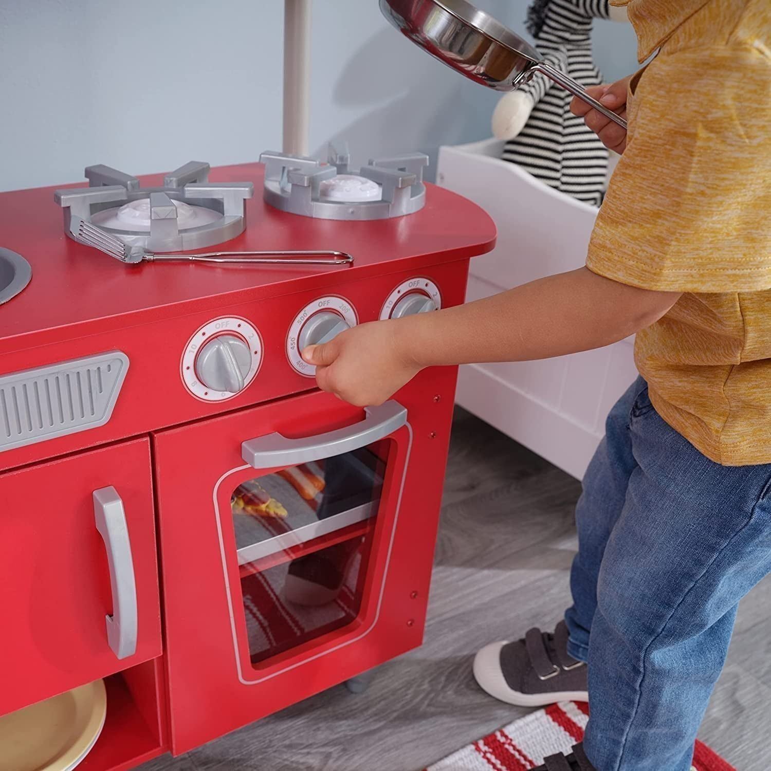 Red Vintage Wooden Play Kitchen with Stainless Steel-Look Trim, Play Phone