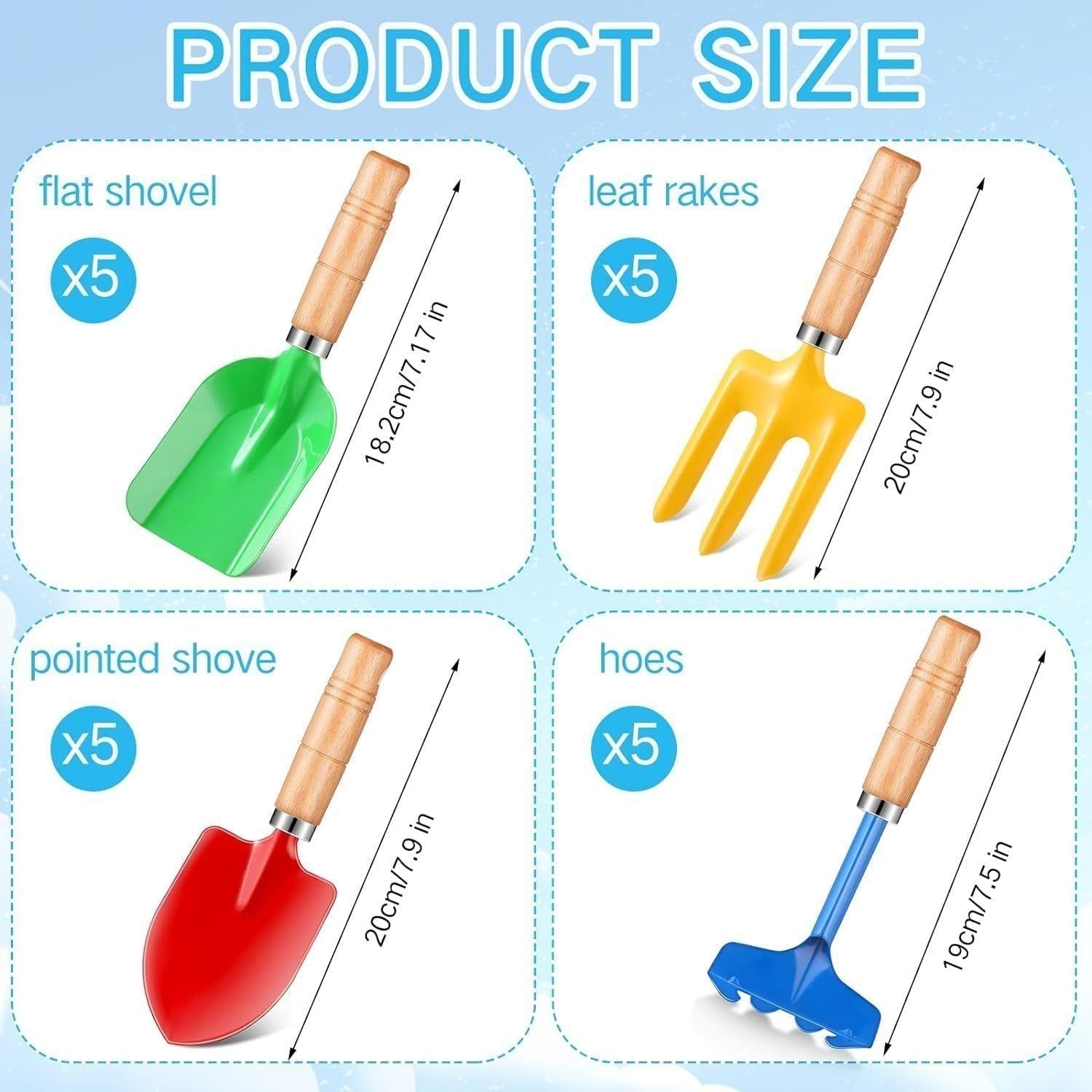 24 Pcs Kids Gardening Tools Metal Garden Tools Including Shovel, Rake, Fork and Trowel, Garden Beach Sand Tools with Wooden Handle Hoe for Children Gift Outdoor Beach Gardening