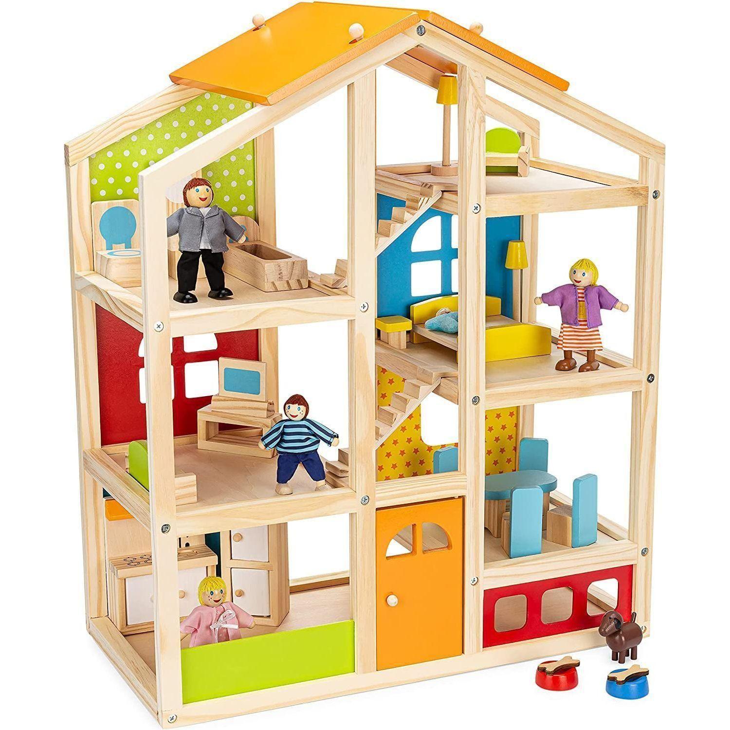 Skylar Wooden Dollhouse - Includes 20 Pcs Furniture Accessories, 5 Family Dolls and a Pet Dog - Wood Doll House for 3 4-5 Year Old Girls & Boys