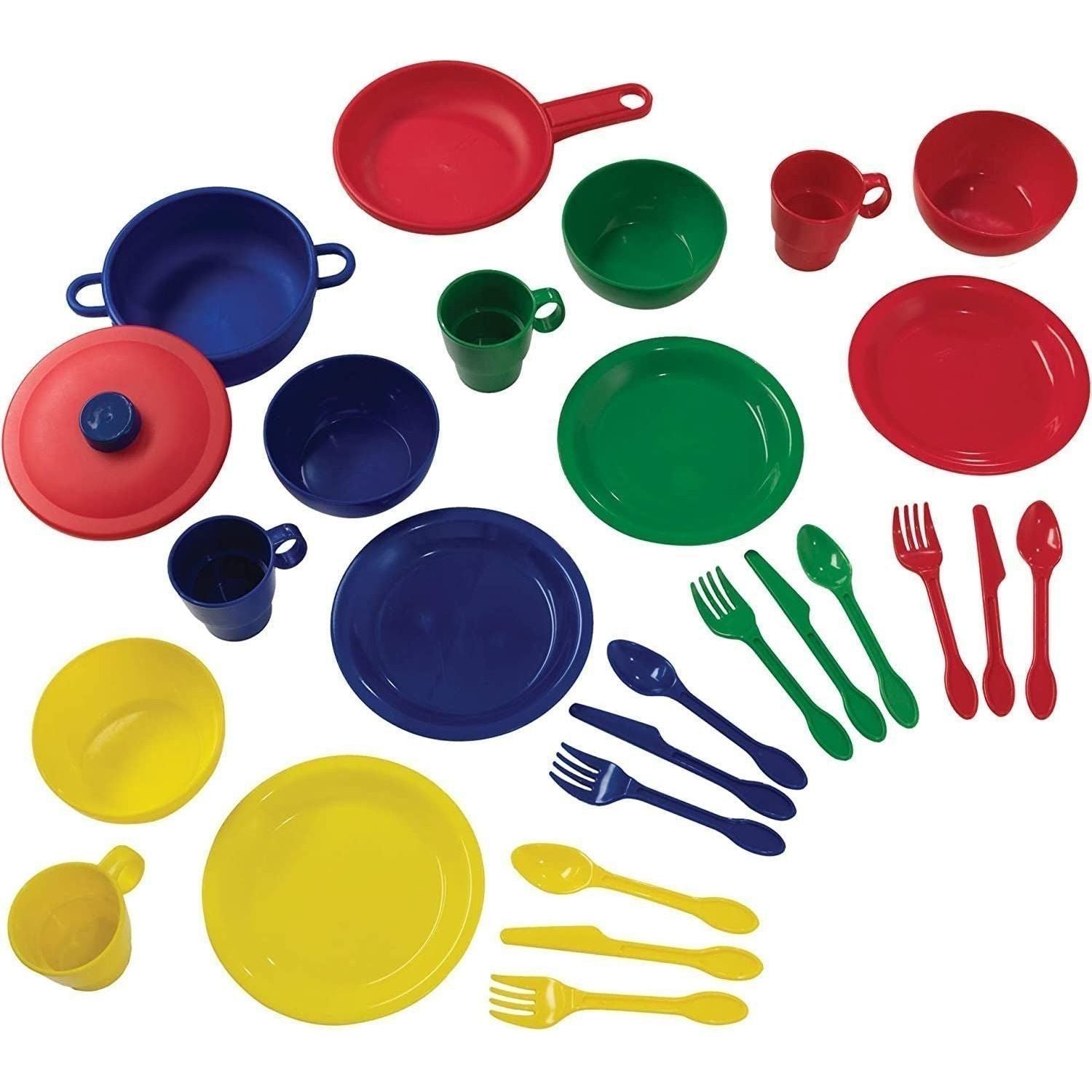 27-Piece Primary Colored Cookware Set, Plastic Dishes and Utensils for Play Kitchens, Gift for Ages 18 Mo+