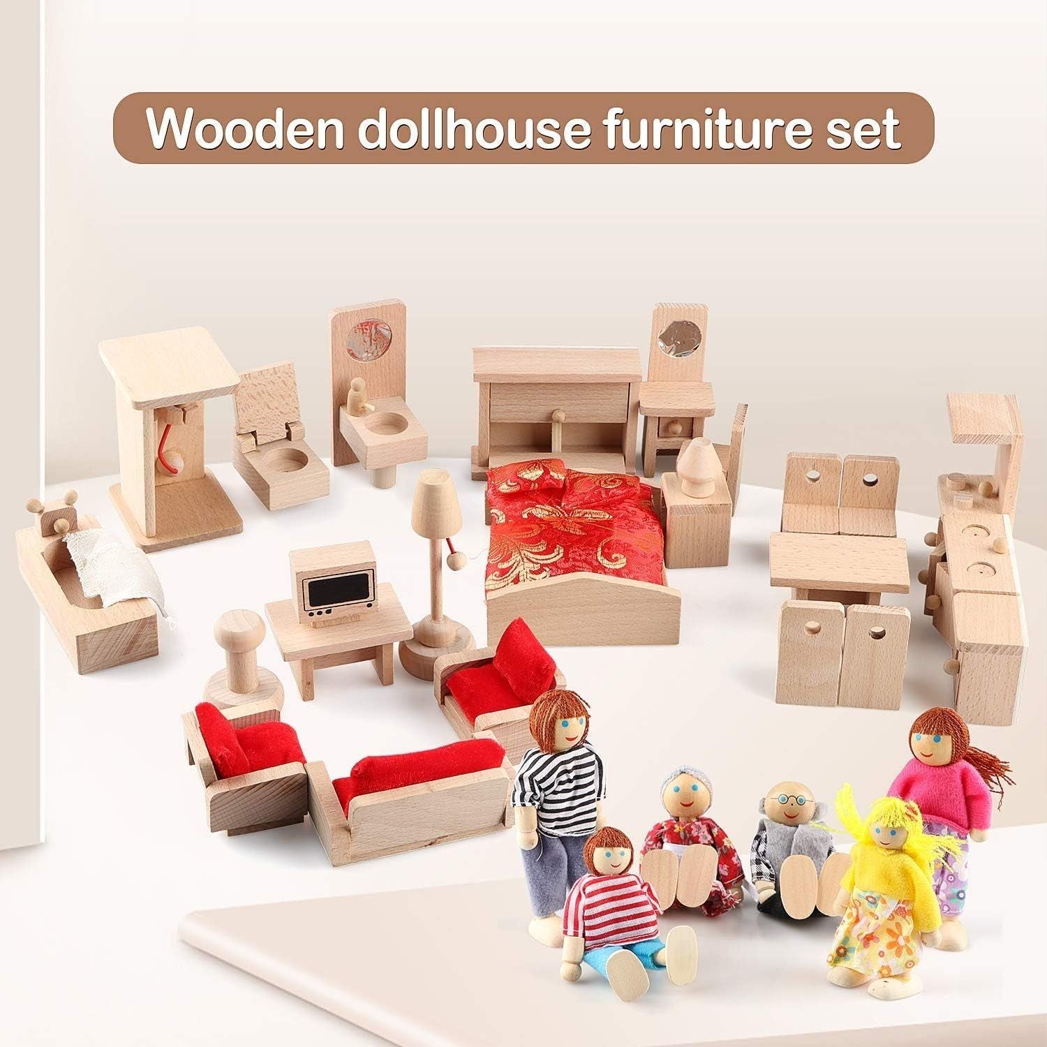 5 Set Dollhouse Furniture Accessories Wooden Bathroom/Living Room/Dining Room/Bedroom/Kitchen House 6 Family Doll Decoration Pretend Play Kids Christmas Birthday Gifts for Girls Toys 40 Pcs