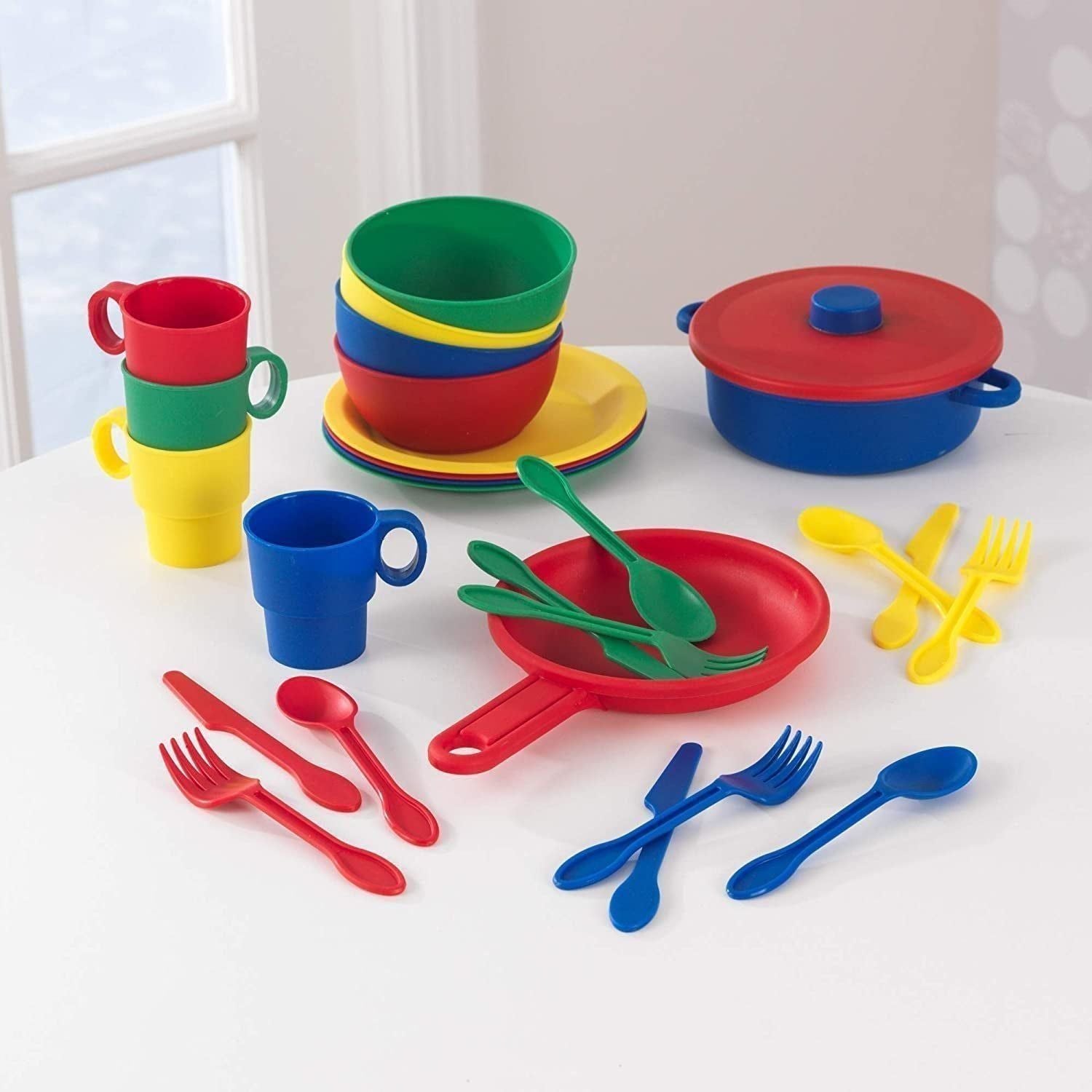 27-Piece Primary Colored Cookware Set, Plastic Dishes and Utensils for Play Kitchens, Gift for Ages 18 Mo+