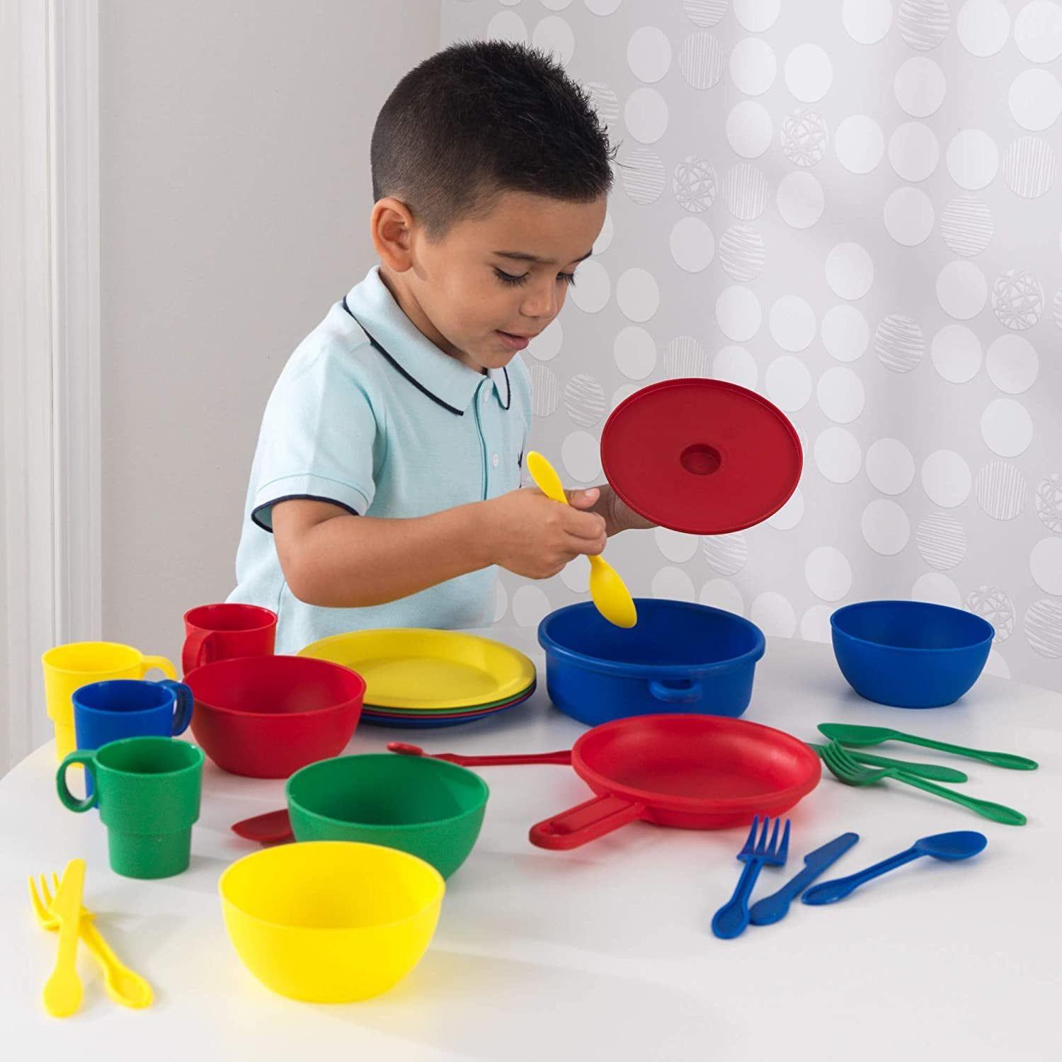 27-Piece Primary Colored Cookware Set, Plastic Dishes and Utensils for Play Kitchens, Gift for Ages 18 Mo+