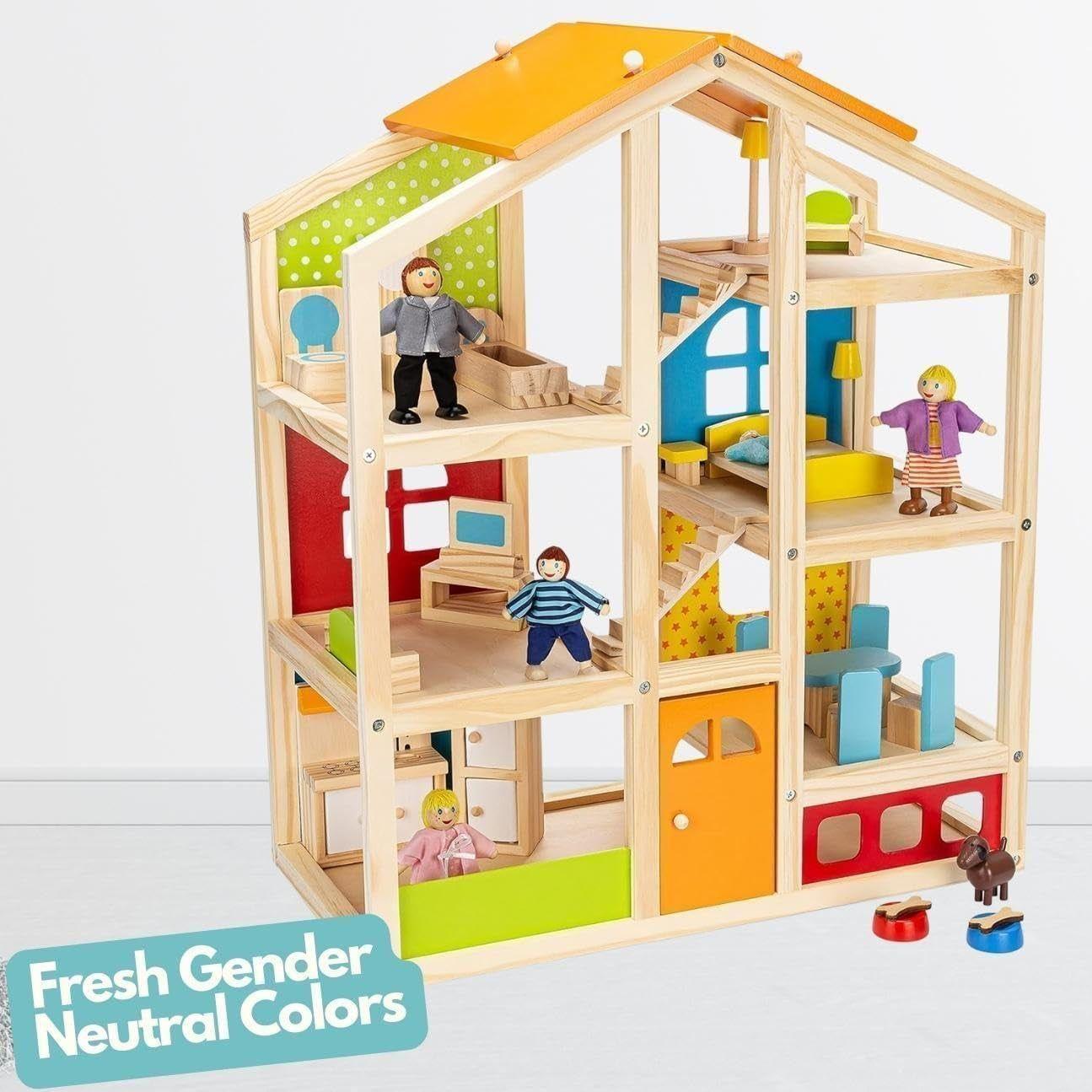 Skylar Wooden Dollhouse - Includes 20 Pcs Furniture Accessories, 5 Family Dolls and a Pet Dog - Wood Doll House for 3 4-5 Year Old Girls & Boys