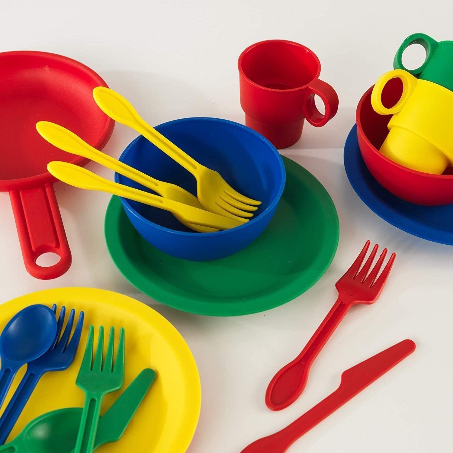 27-Piece Primary Colored Cookware Set, Plastic Dishes and Utensils for Play Kitchens, Gift for Ages 18 Mo+