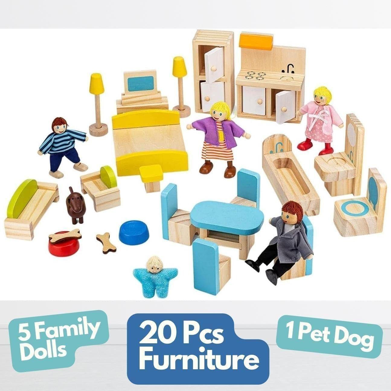 Skylar Wooden Dollhouse - Includes 20 Pcs Furniture Accessories, 5 Family Dolls and a Pet Dog - Wood Doll House for 3 4-5 Year Old Girls & Boys