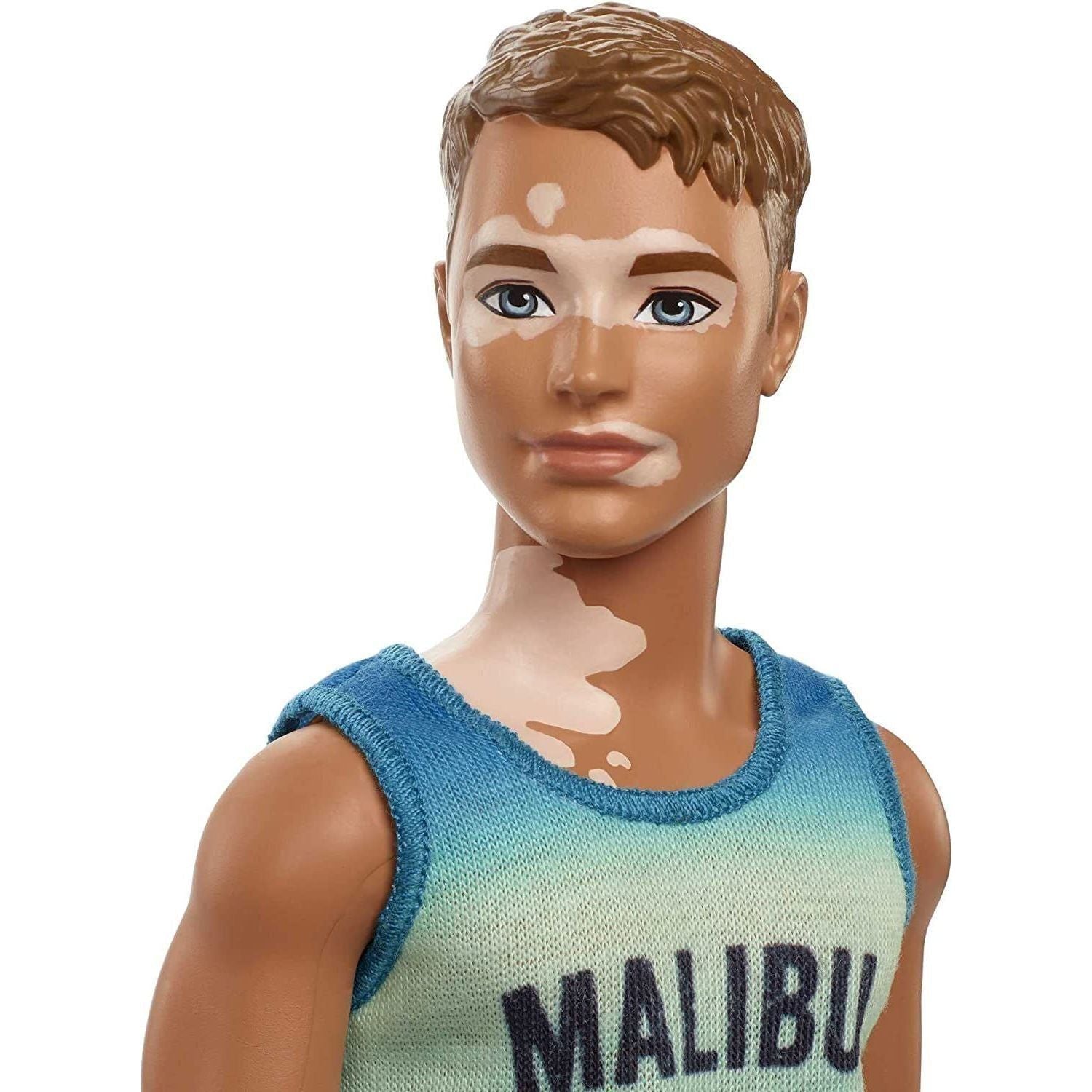 Fashionistas Ken Fashion Doll #192 with Brunette Cropped Hair & Vitiligo in Malibu Tank, Shorts & Sandals