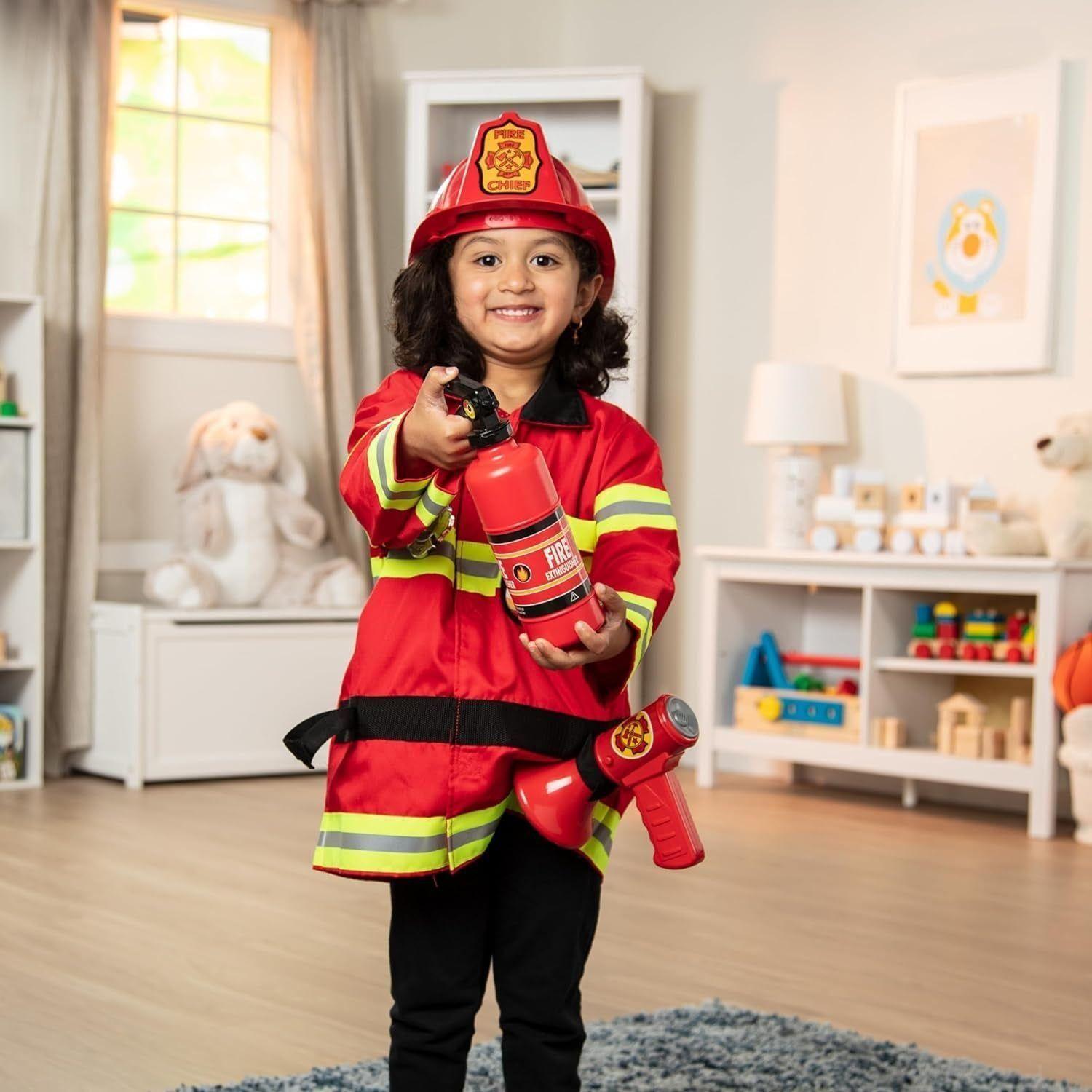 Fire Chief Role Play Dress-Up Set - Pretend Fire Fighter Outfit with Realistic Accessories, Firefighter Costume for Kids and Toddlers Ages 3+