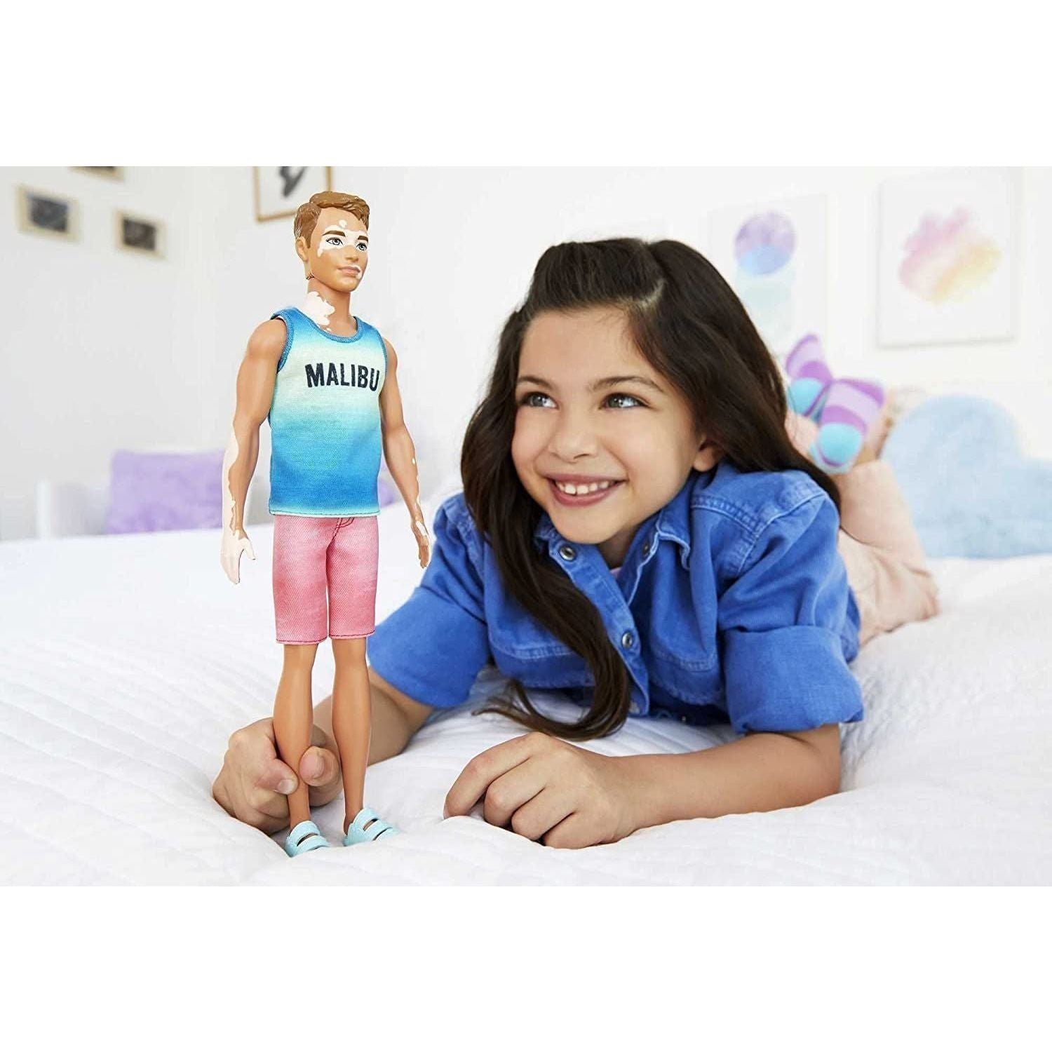 Fashionistas Ken Fashion Doll #192 with Brunette Cropped Hair & Vitiligo in Malibu Tank, Shorts & Sandals