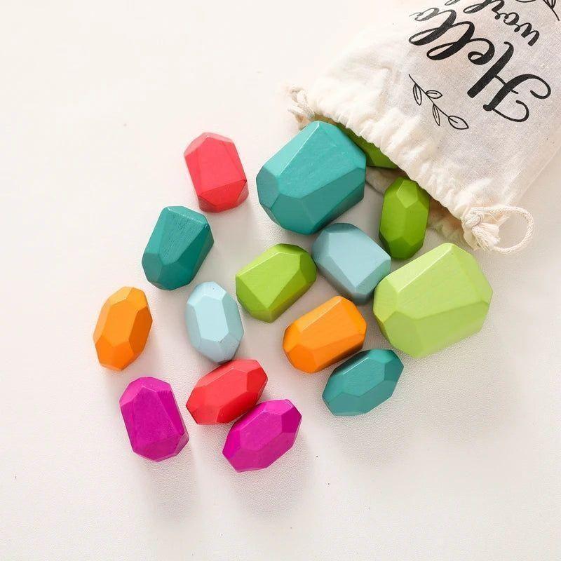 Wood Rainbow Stones Block Colorful Wooden Building Block Rainbow Stacker Balancing Stone Montessori Educational Toy Children