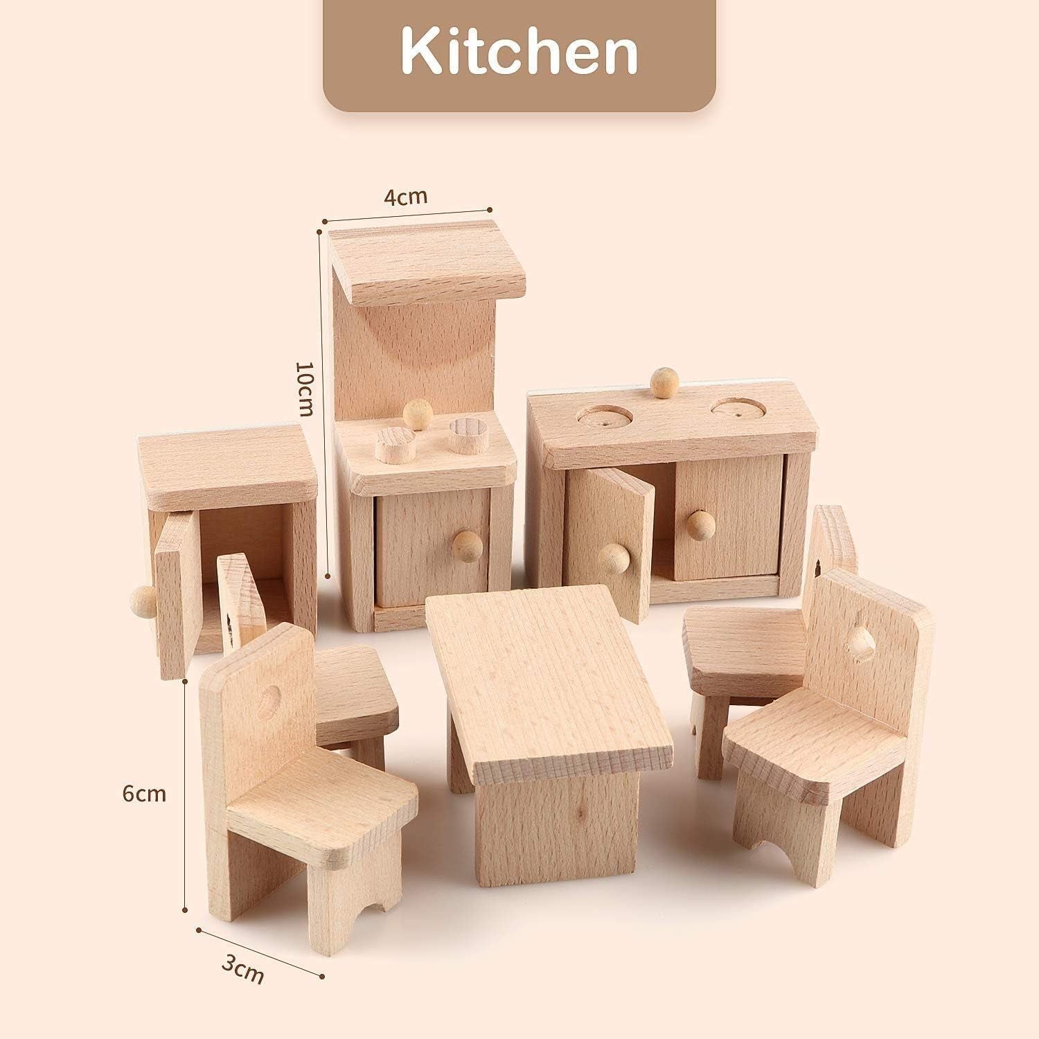5 Set Dollhouse Furniture Accessories Wooden Bathroom/Living Room/Dining Room/Bedroom/Kitchen House 6 Family Doll Decoration Pretend Play Kids Christmas Birthday Gifts for Girls Toys 40 Pcs