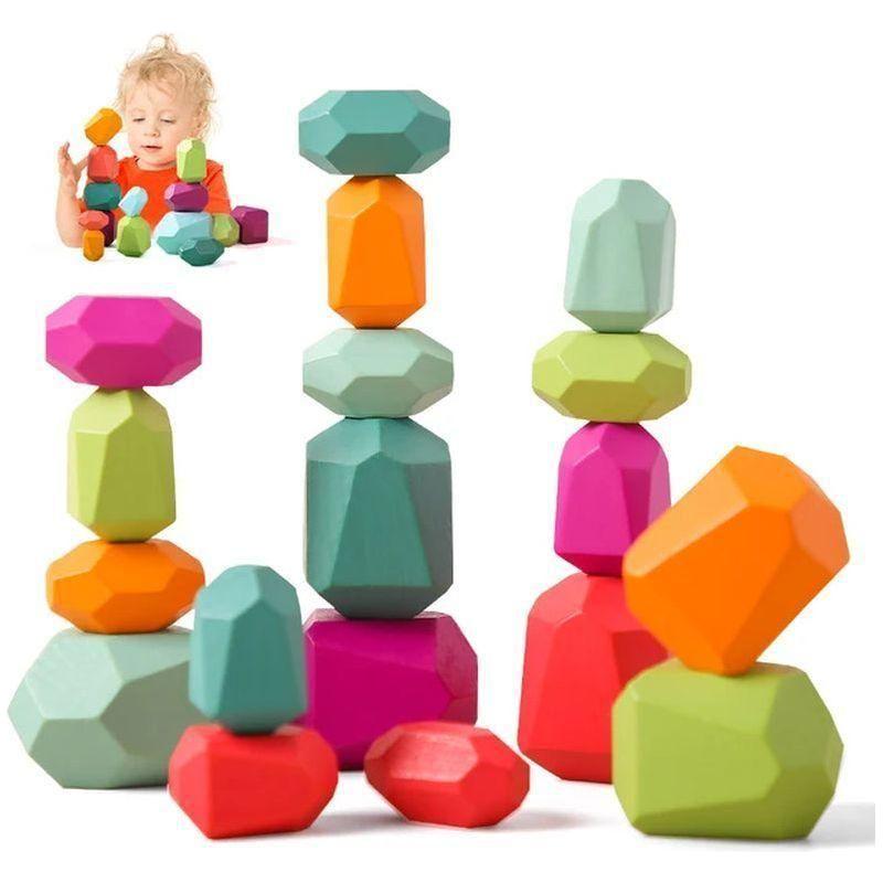 Wood Rainbow Stones Block Colorful Wooden Building Block Rainbow Stacker Balancing Stone Montessori Educational Toy Children