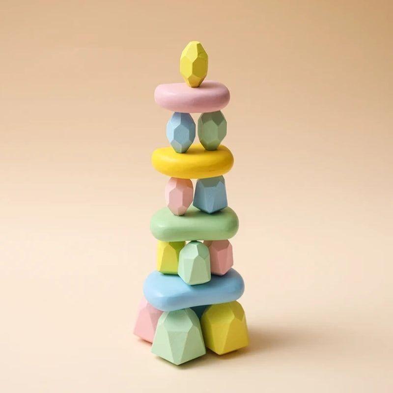 Wood Rainbow Stones Block Colorful Wooden Building Block Rainbow Stacker Balancing Stone Montessori Educational Toy Children