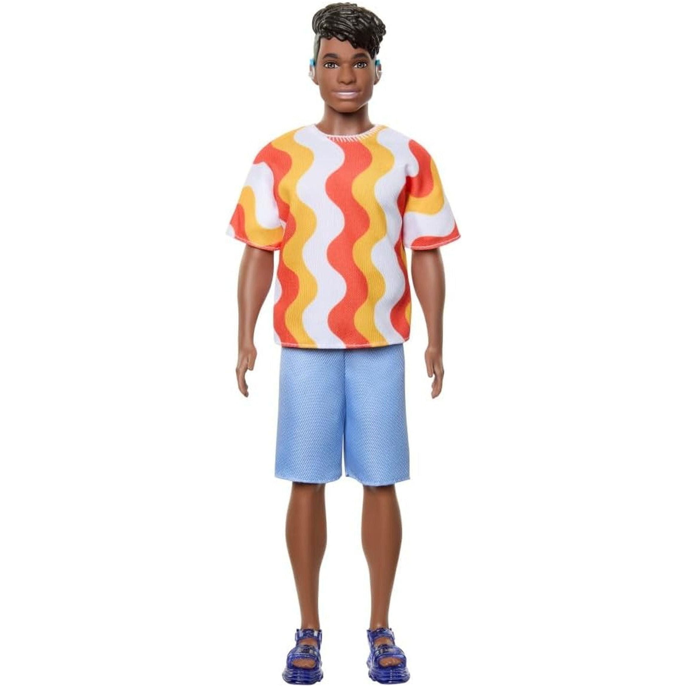 Fashionistas Ken Doll #220 with Behind-The-Ear Hearing Aids & Broad Body Wearing a Removable Orange Patterned Shirt, Shorts & Jelly Sandals